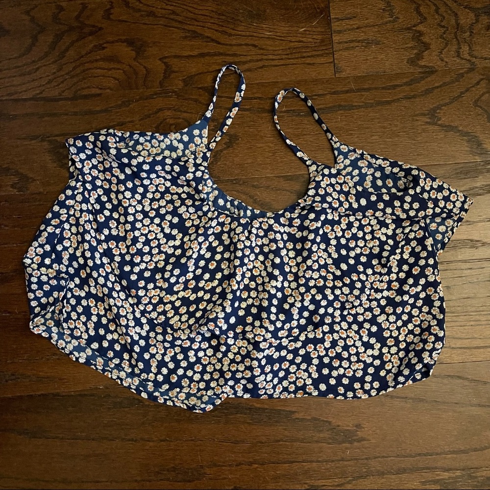Charlotte Russe Super Flowy Boxy Ditzy Floral Daisy Spaghetti Ruffle Tank Blue - Picture 2 of 4